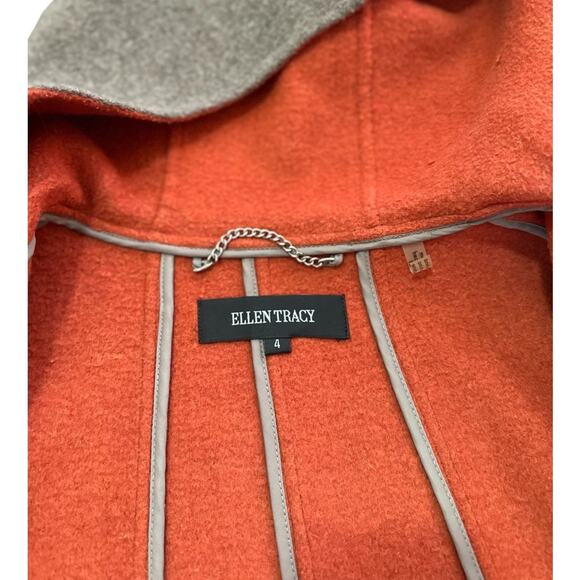 Ellen Tracy Wool Blend Hooded Car Coat Gray with Orange Lining Size 4 - Picture 11 of 12